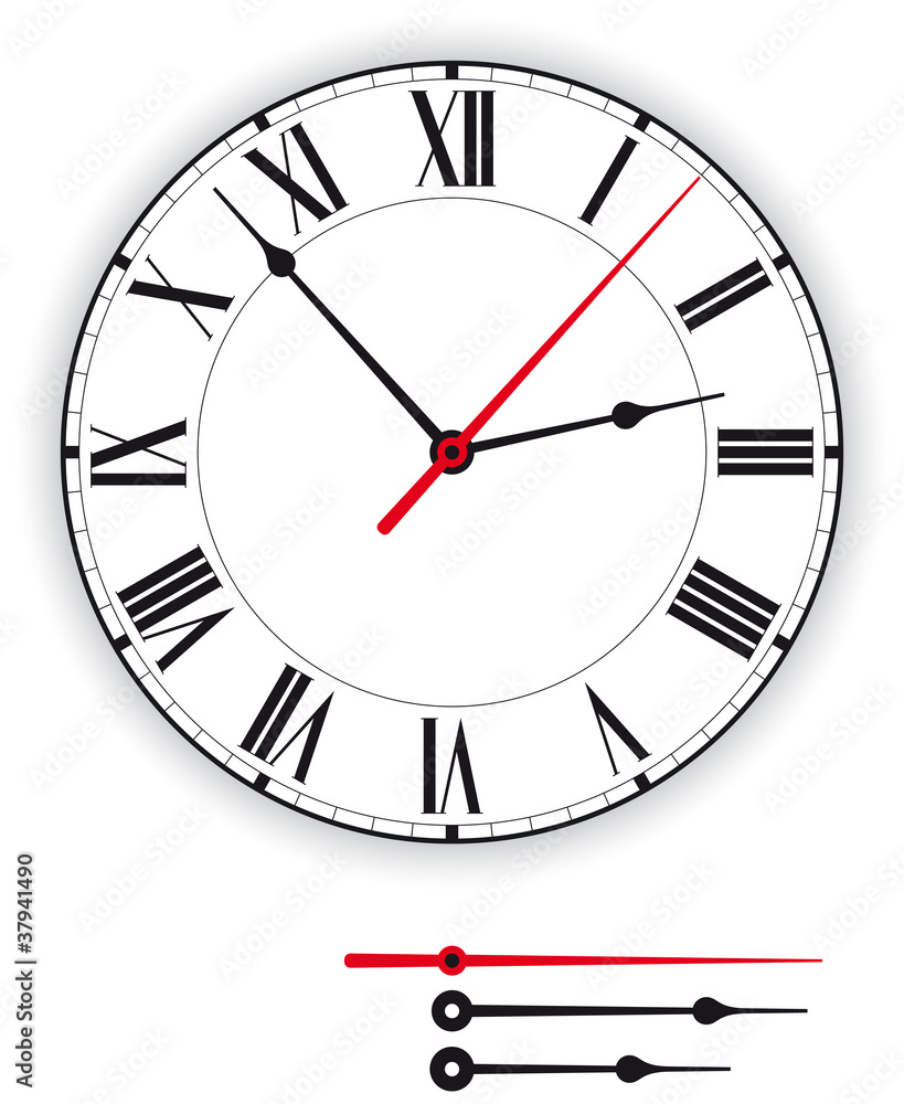 Antique clock face. Illustration of an antique clock face, dial, as part of an analog clock, watch, with black and red pointers. Isolated on white background. Vector. Antique clock face. Illustration of an antique clock face, dial, as part of an analog clock, watch, with black and red pointers. Isolated on white background. Vector.