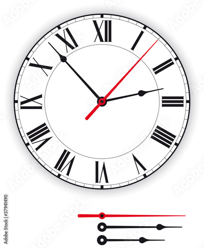 Antique clock face. Illustration of an antique clock face, dial, as part of an analog clock, watch, with black and red pointers. Isolated on white background. Vector.