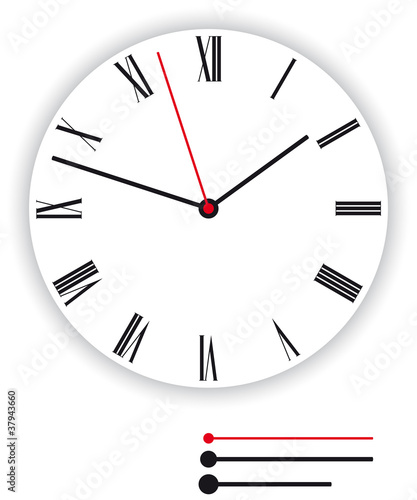 Clock face classic. Illustration of a classic clock face, dial, as part of an analog clock, watch, with black and red pointers. Isolated on white background. Vector.
