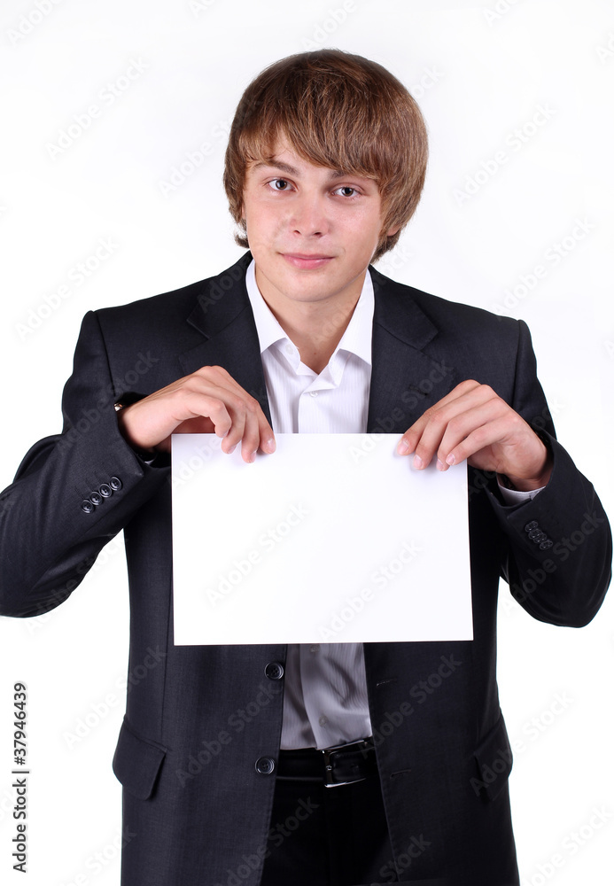 Portrait of businessman holding your text, white banner, present Portrait of businessman holding your text, white banner, present