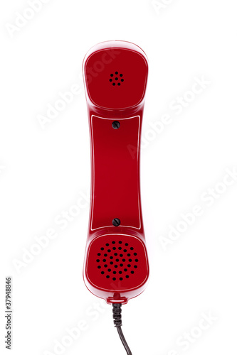 Konventionieller roter Telefonhörer, isoliert auf weiß