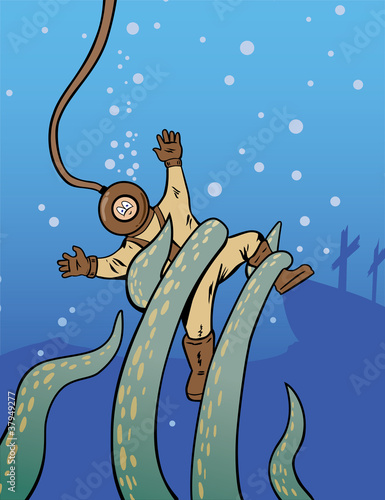 Deep sea diver being attacked by an octopus