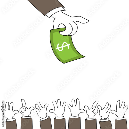 Hand giving a dollar bill to the masses
