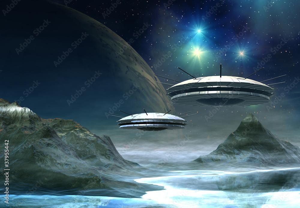 Naklejka premium Alien World - Fantasy Planet z UFO