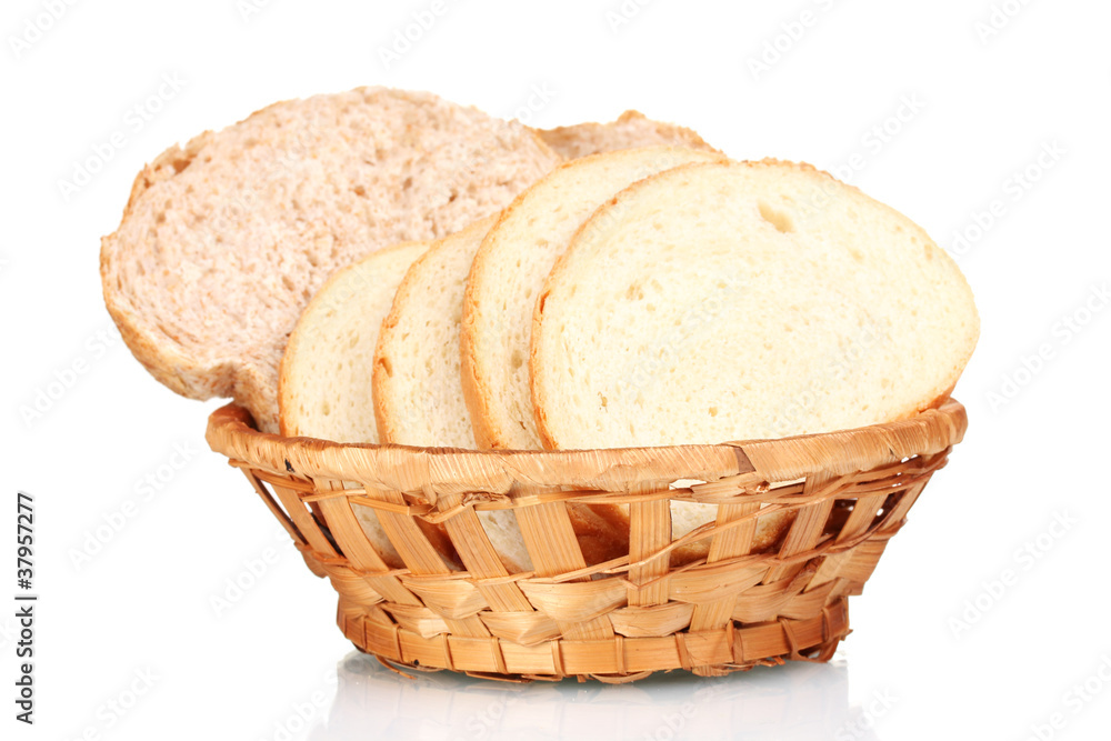 delicious sliced bread in wicker basket isolated on white delicious sliced bread in wicker basket isolated on white