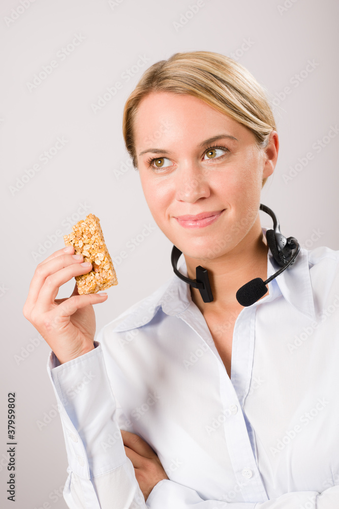 Customer service woman operator have break snack Customer service woman operator have break snack
