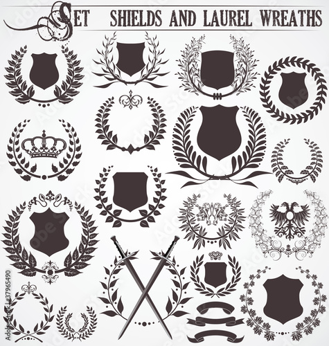 set - shields and laurel wreaths