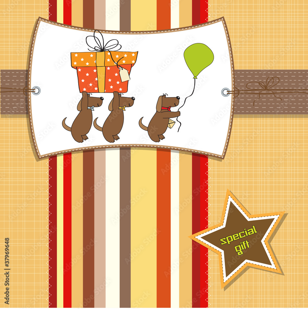 three dogs that offer a big gift. birthday greeting card three dogs that offer a big gift. birthday greeting card