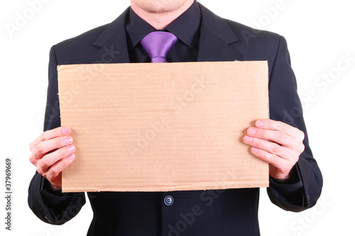 businessman with blank cardboard sign