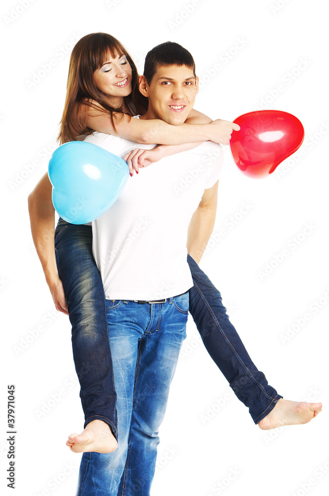 Heterosexual couple with a big heart on white background Heterosexual couple with a big heart on white background