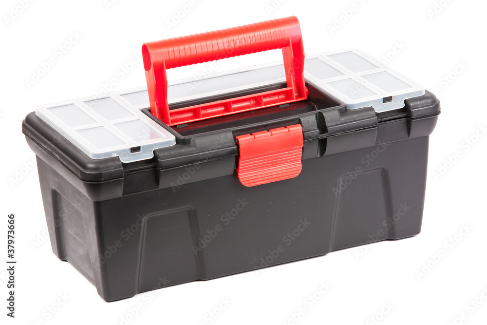 Red and black plastic toolbox with transparent cover Red and black plastic toolbox with transparent cover