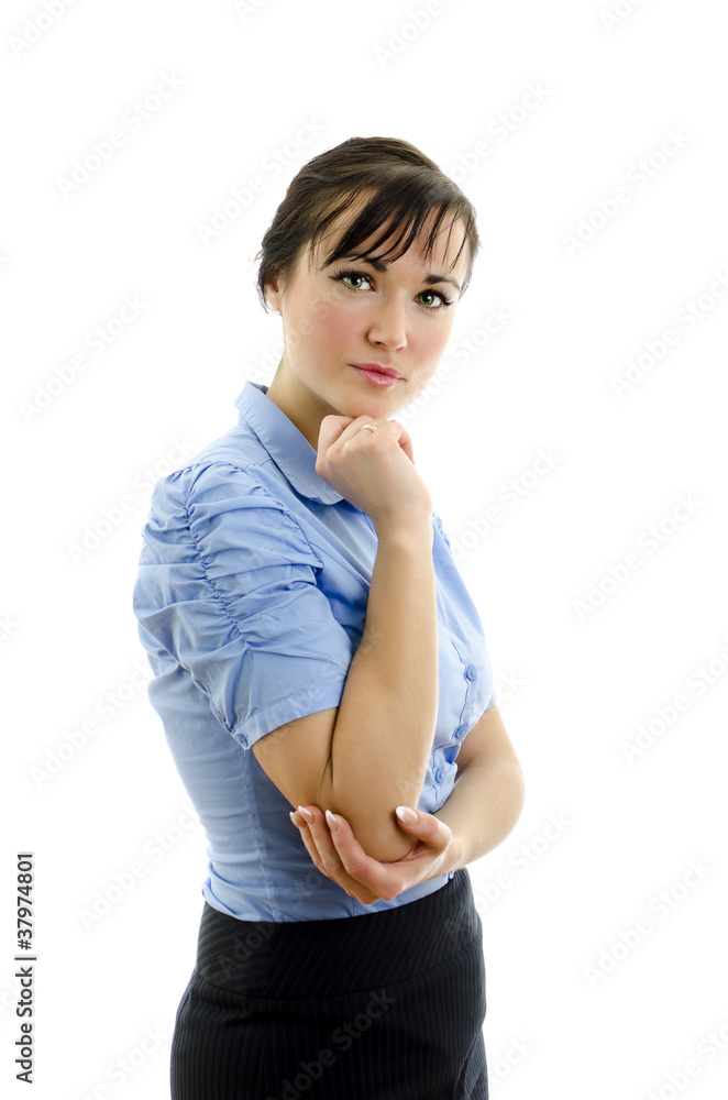 woman in blue blouse with crossed arms, isolated woman in blue blouse with crossed arms, isolated