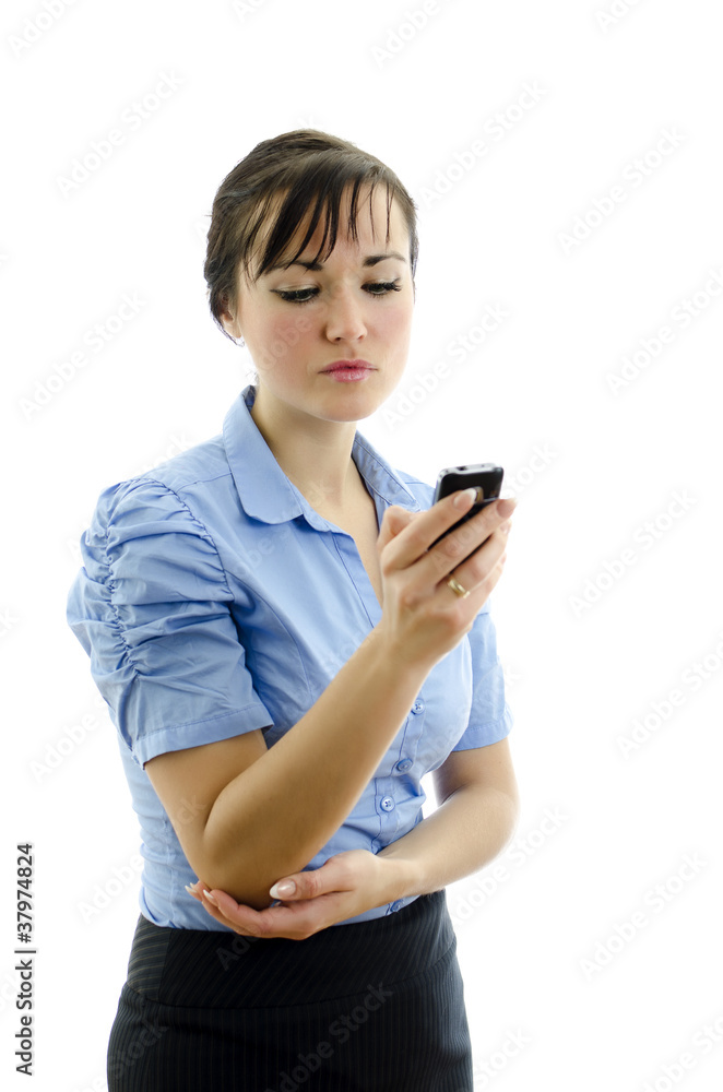 Fototapeta premium Business woman dialing the phone, isolated on white