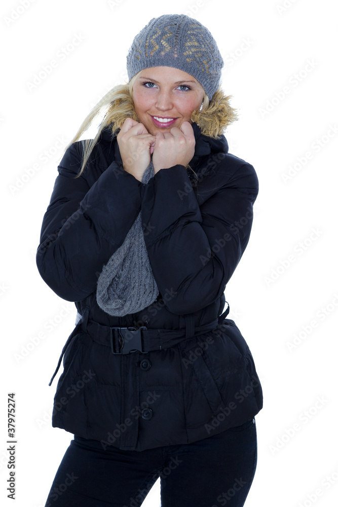 Blonde Frau und graue Mütze Blonde Frau und graue Mütze