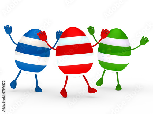 Drei bunte Ostereier winken