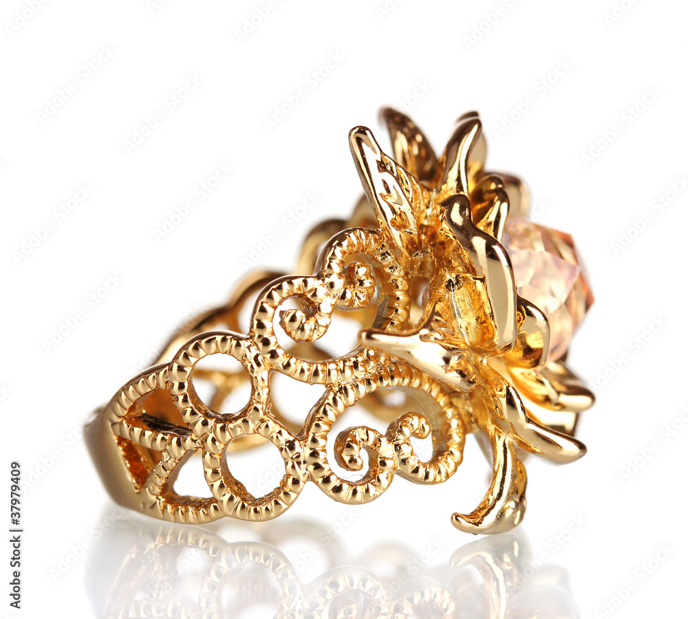 beautiful gold ring with precious stone isolated on white beautiful gold ring with precious stone isolated on white