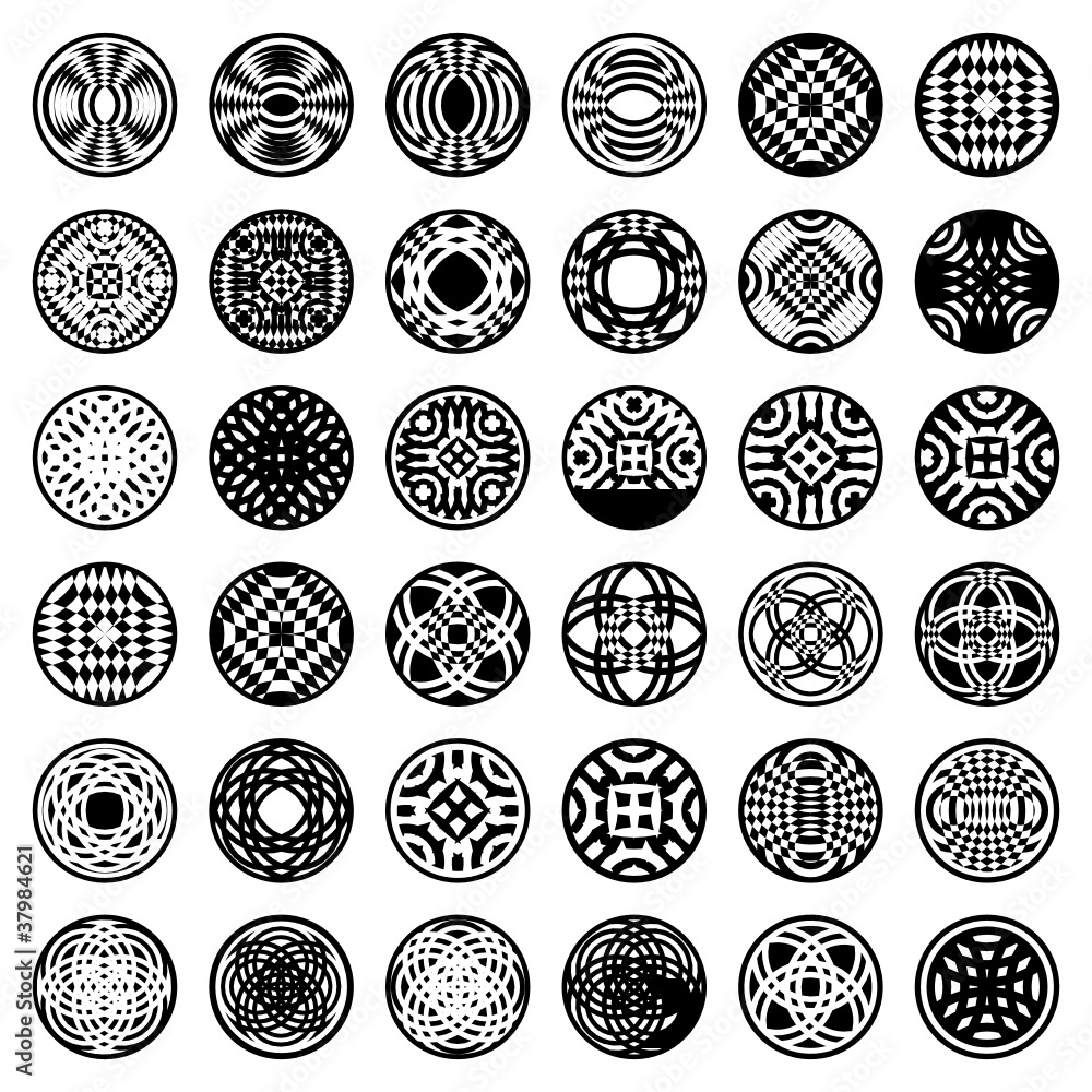Patterns in circle shape. 36 design elements. Set 2. Patterns in circle shape. 36 design elements. Set 2.