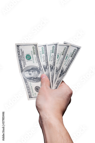 Hand offering five hundred US dollar banknotes on white