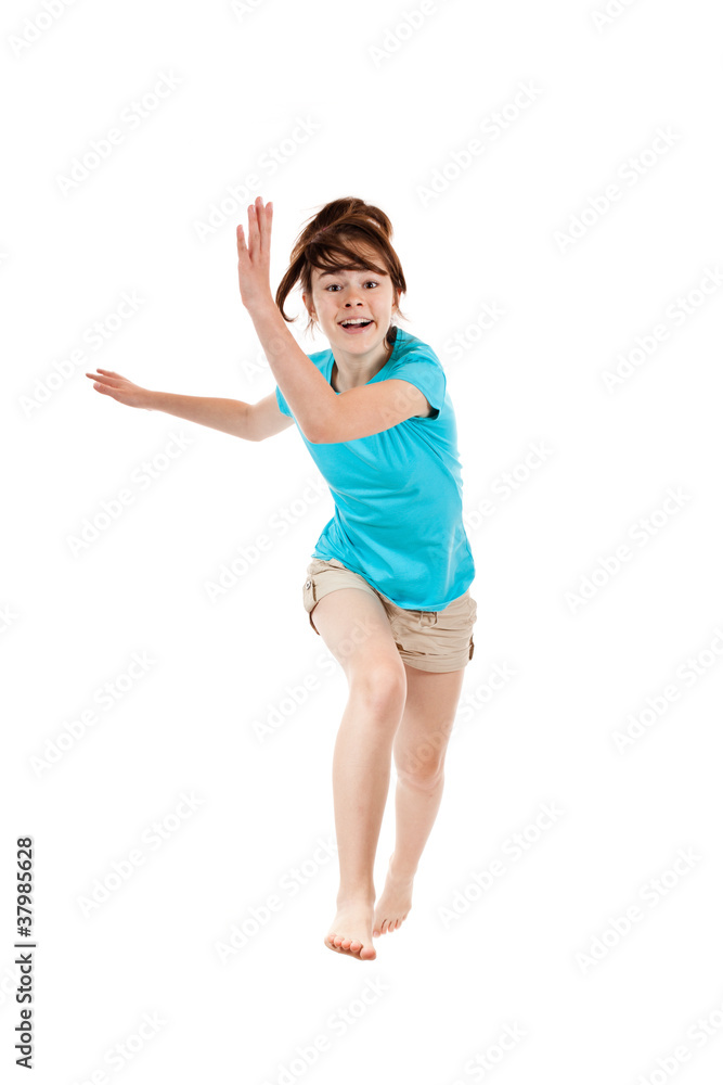 Girl jumping isolated on white background