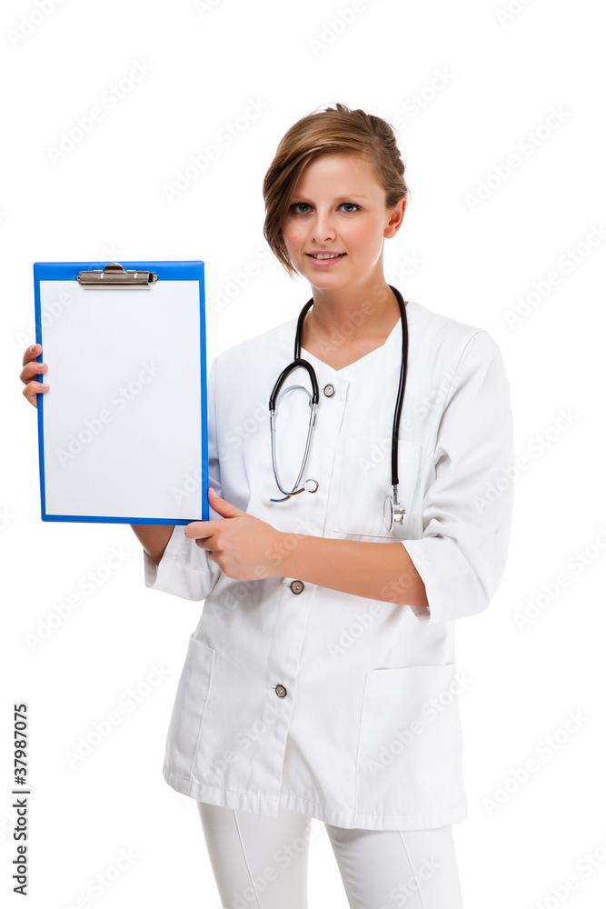 Young female doctor holding notepad isolated on white Young female doctor holding notepad isolated on white