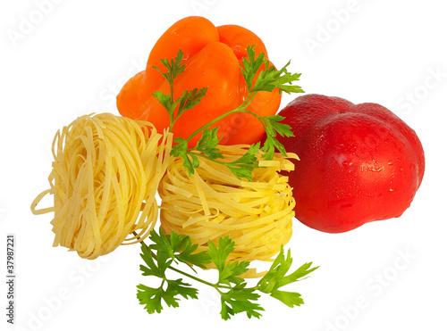 pasta, pepper and tomato isolated on white