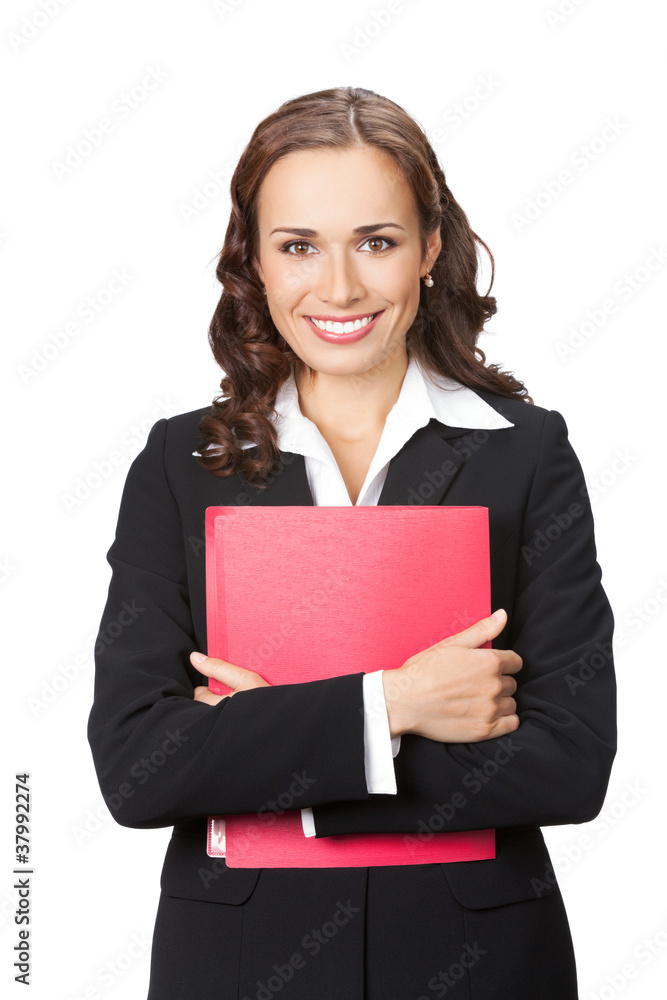 Businesswoman with red folder, isolated Businesswoman with red folder, isolated