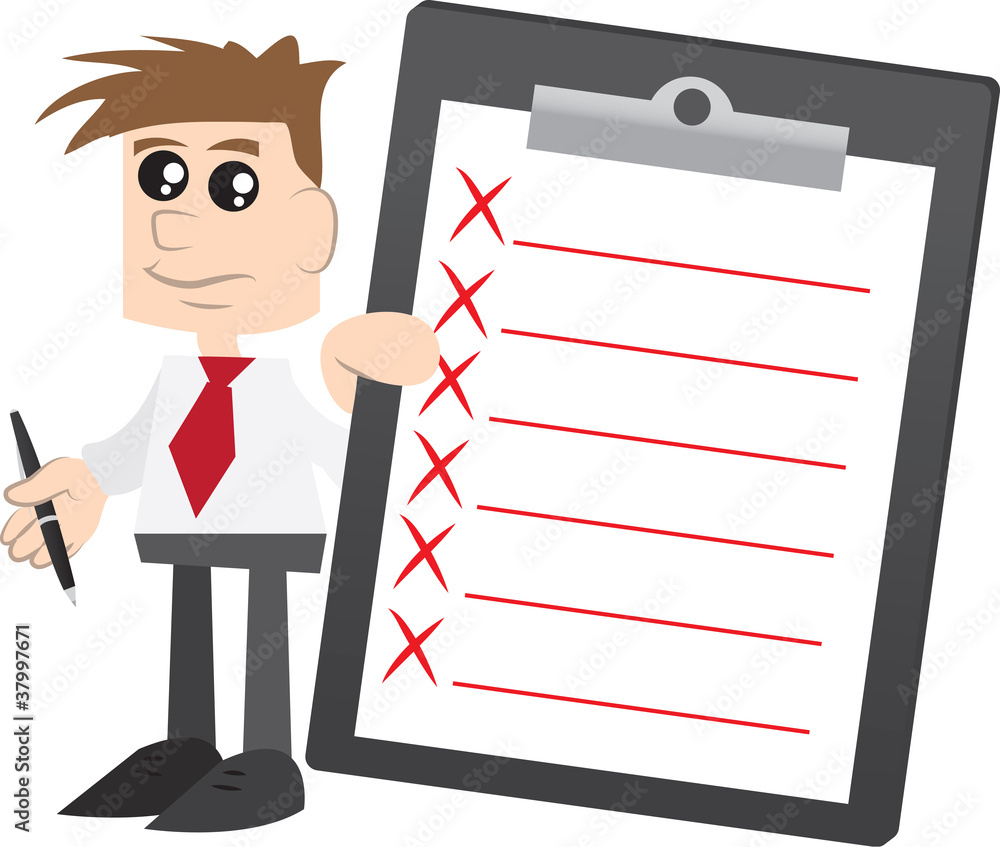 Businessman holding Clipboard with X Marks Businessman holding Clipboard with X Marks