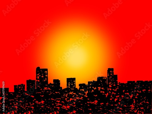 Grunge Denver skyline with abstract sunset illustration
