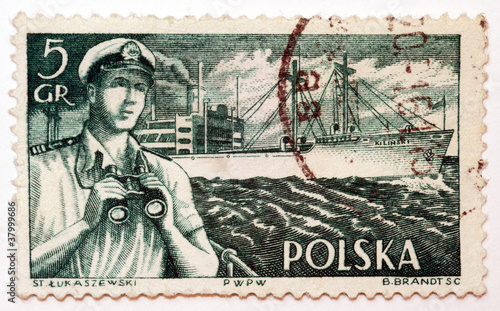 Polski znaczek pocztowy z lat 1950/1960  - marynarz w porcie