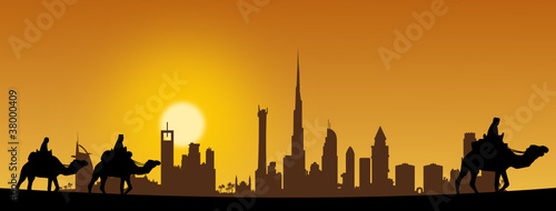 Dubai Skyline mit Kamelen
