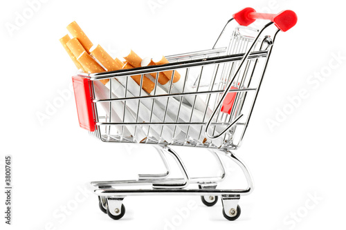 Stack of cigarettes in the shopping cart photo
