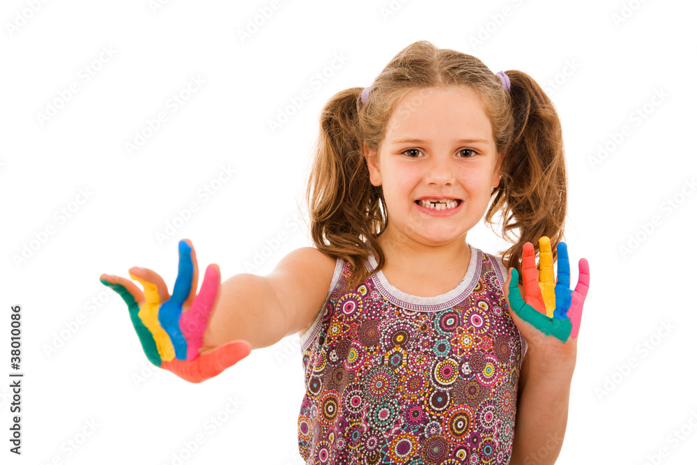Happy little child with painted hands, isolated on white Happy little child with painted hands, isolated on white