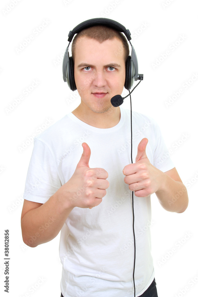 helpline telephone operator showing thumb up over white helpline telephone operator showing thumb up over white