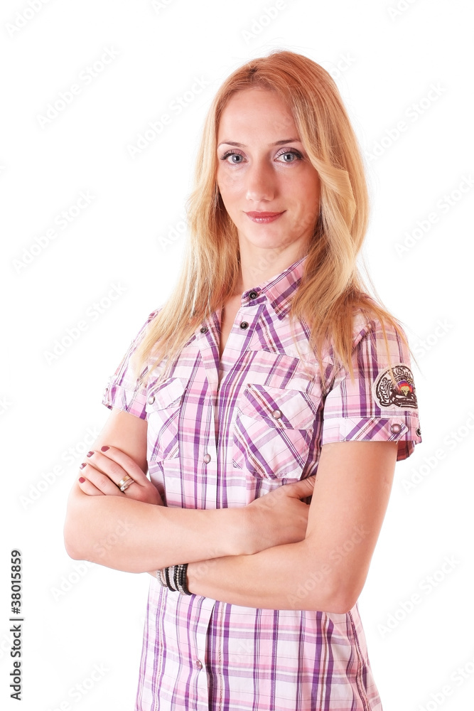Young blond woman in a classic pink shirt Young blond woman in a classic pink shirt
