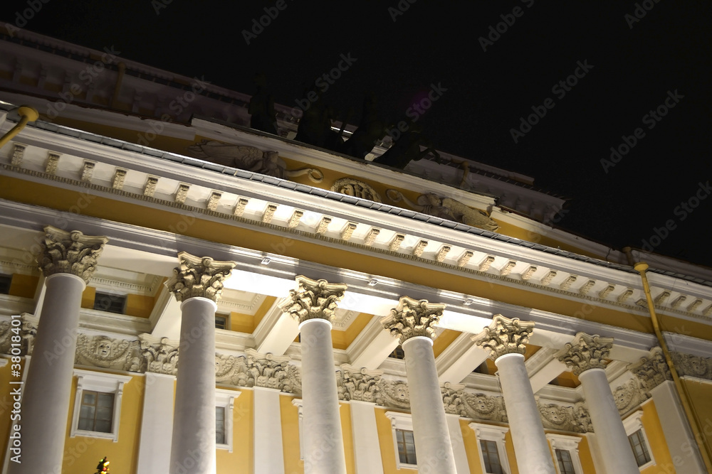 Colonnade of Aleksandrinsky theatre at night