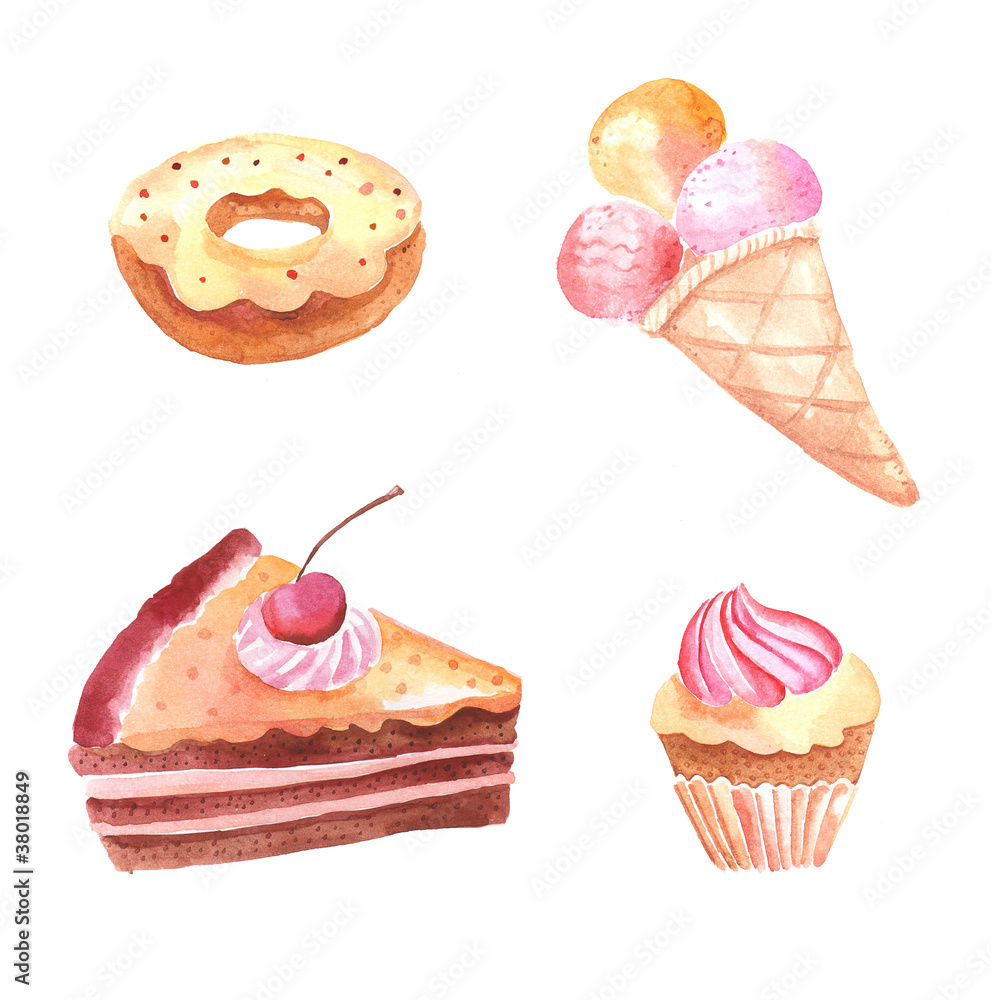 set of watercolor illustrations with sweet cakes set of watercolor illustrations with sweet cakes