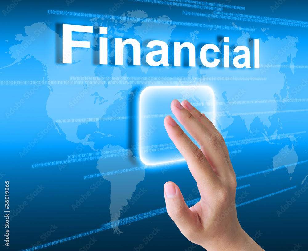 hand pushing financial button on a touch screen interface hand pushing financial button on a touch screen interface