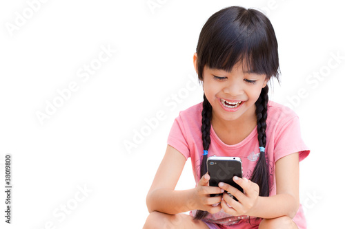 Little Girl with Mobile Phone Isolated on White Background