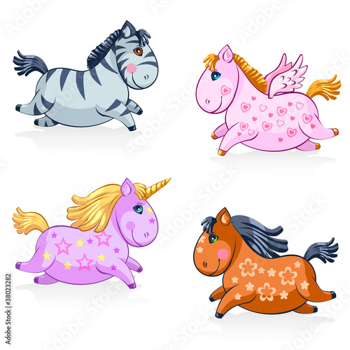 Great Set of Cute Magic Horses and Unicorns - in vector