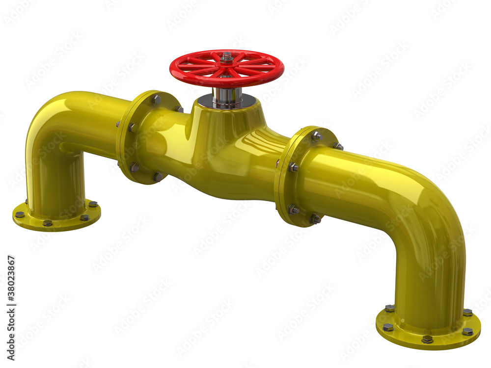 Yellow tube with red valves isolated on white background Yellow tube with red valves isolated on white background