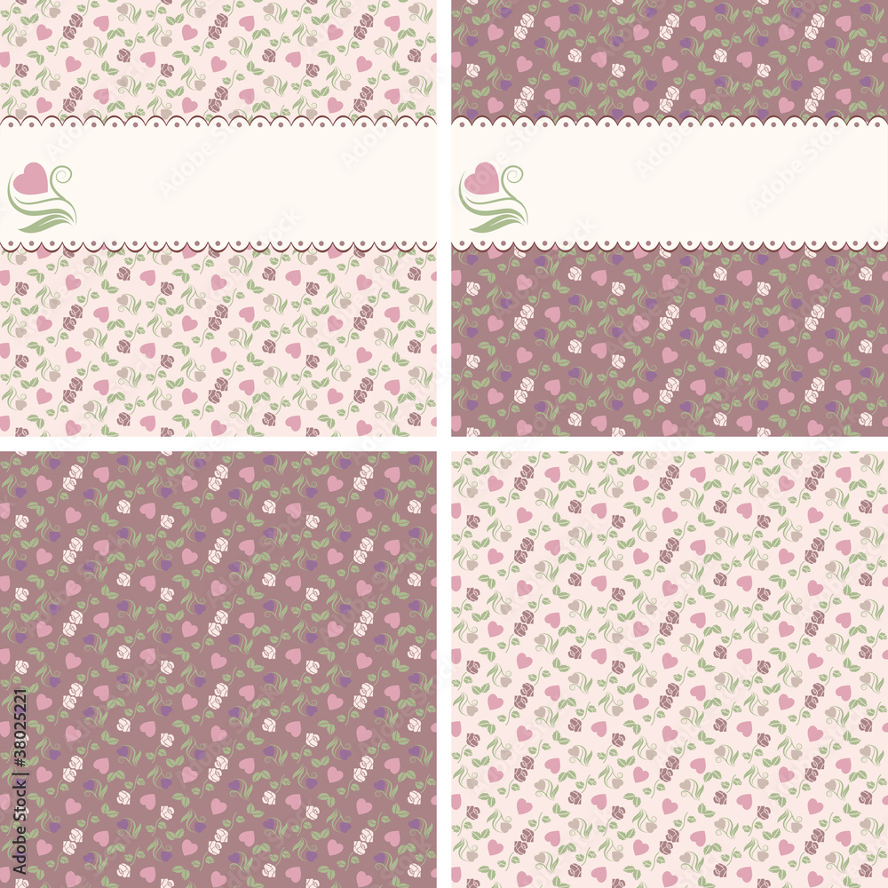 Valentine seamless patterns with hearts and roses