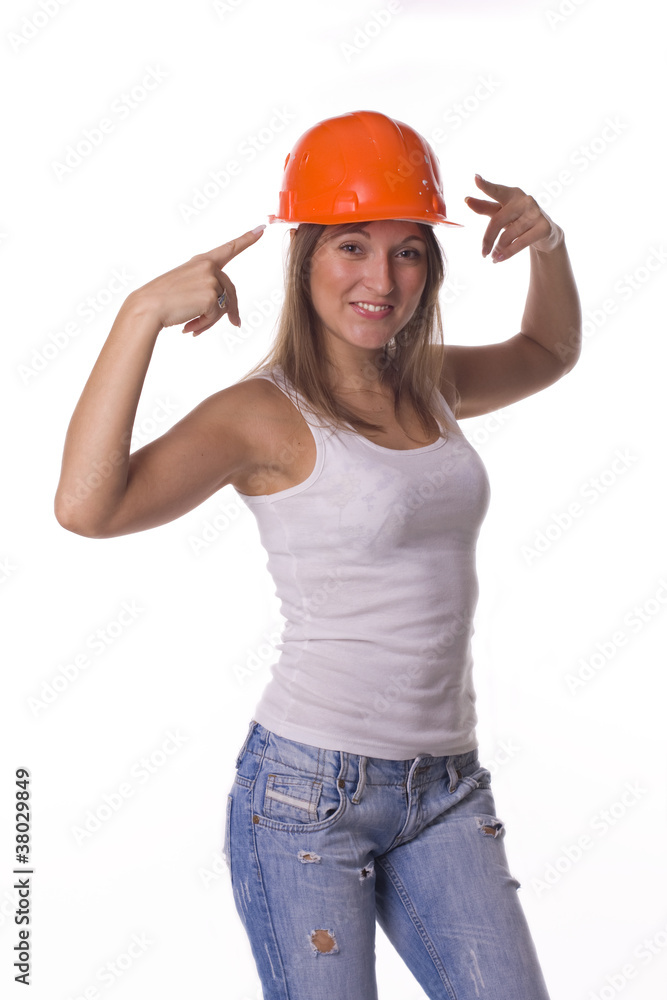 Girl in building helmet on white Girl in building helmet on white