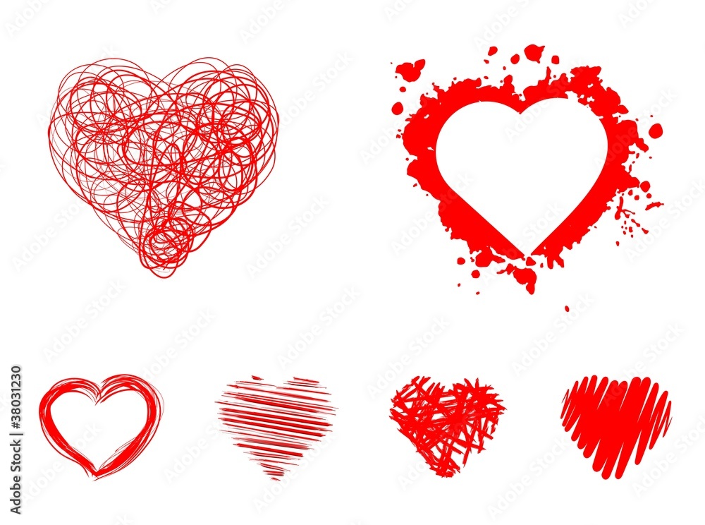 hand-drawn set of red hearts isolated on white