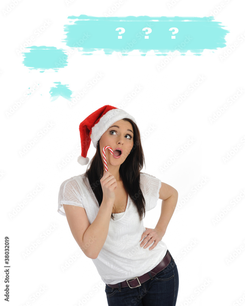 pretty casual woman in red christmas hat making a wish. isolated pretty casual woman in red christmas hat making a wish. isolated