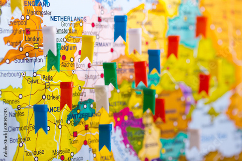 Colored flags on the map of Europe