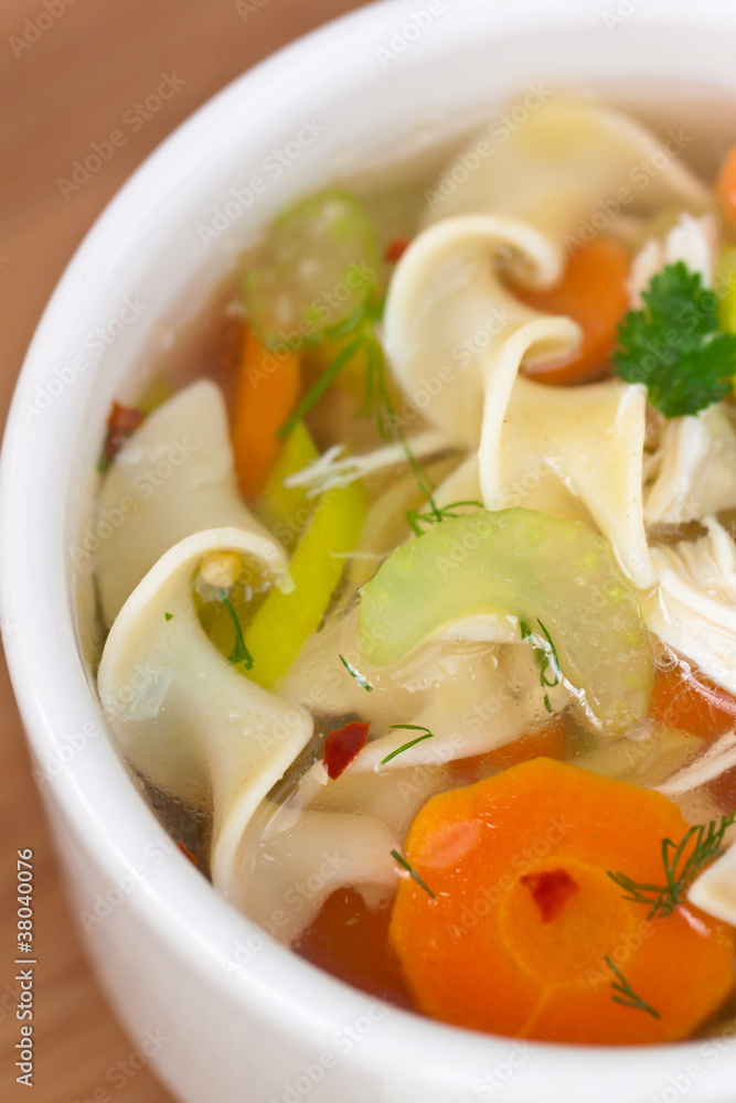 A bowl of homemade chicken noodle soup A bowl of homemade chicken noodle soup