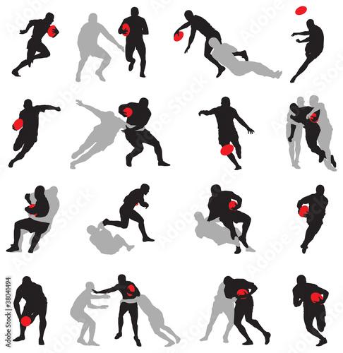 Rugby action group poses silhouette 02