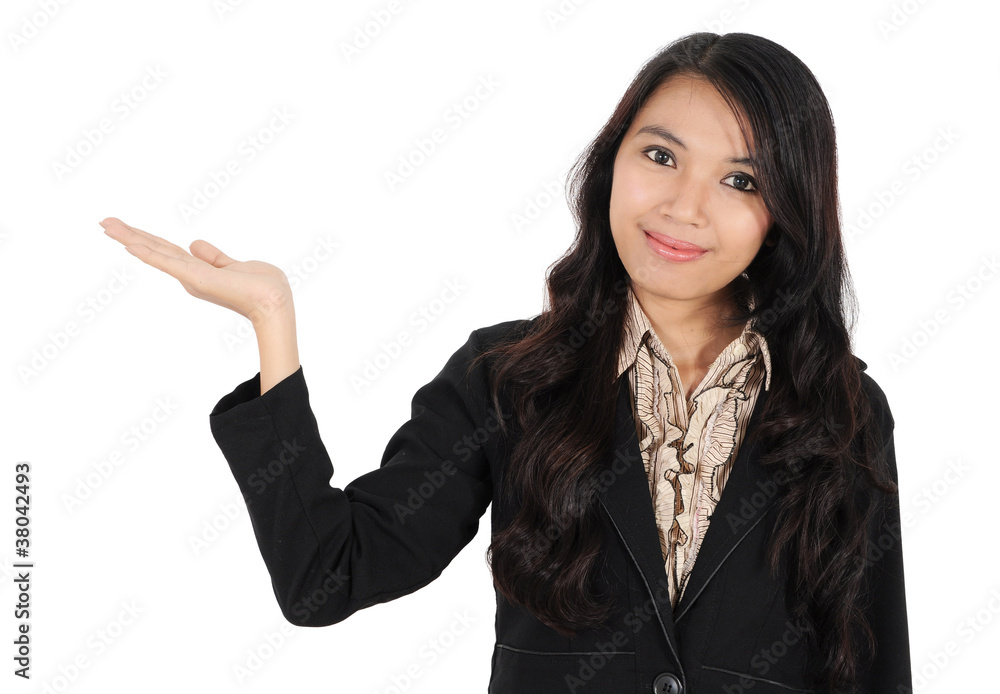 a woman offers something in his hand, isolated on white a woman offers something in his hand, isolated on white