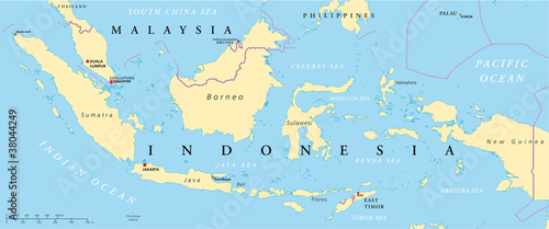 Photo Malaysia and Indonesia political map with capitals Kuala Lumpur and Jakarta, with national borders and lakes