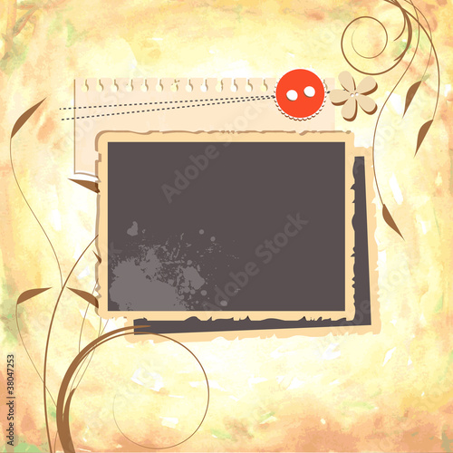 Scrap design with stack of photos and watercolor paper backgroun